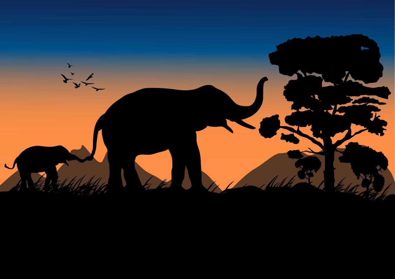 siluettbild svart elefant går i skogen med berg och solnedgång bakgrund kväll ljus vektorillustration vektor