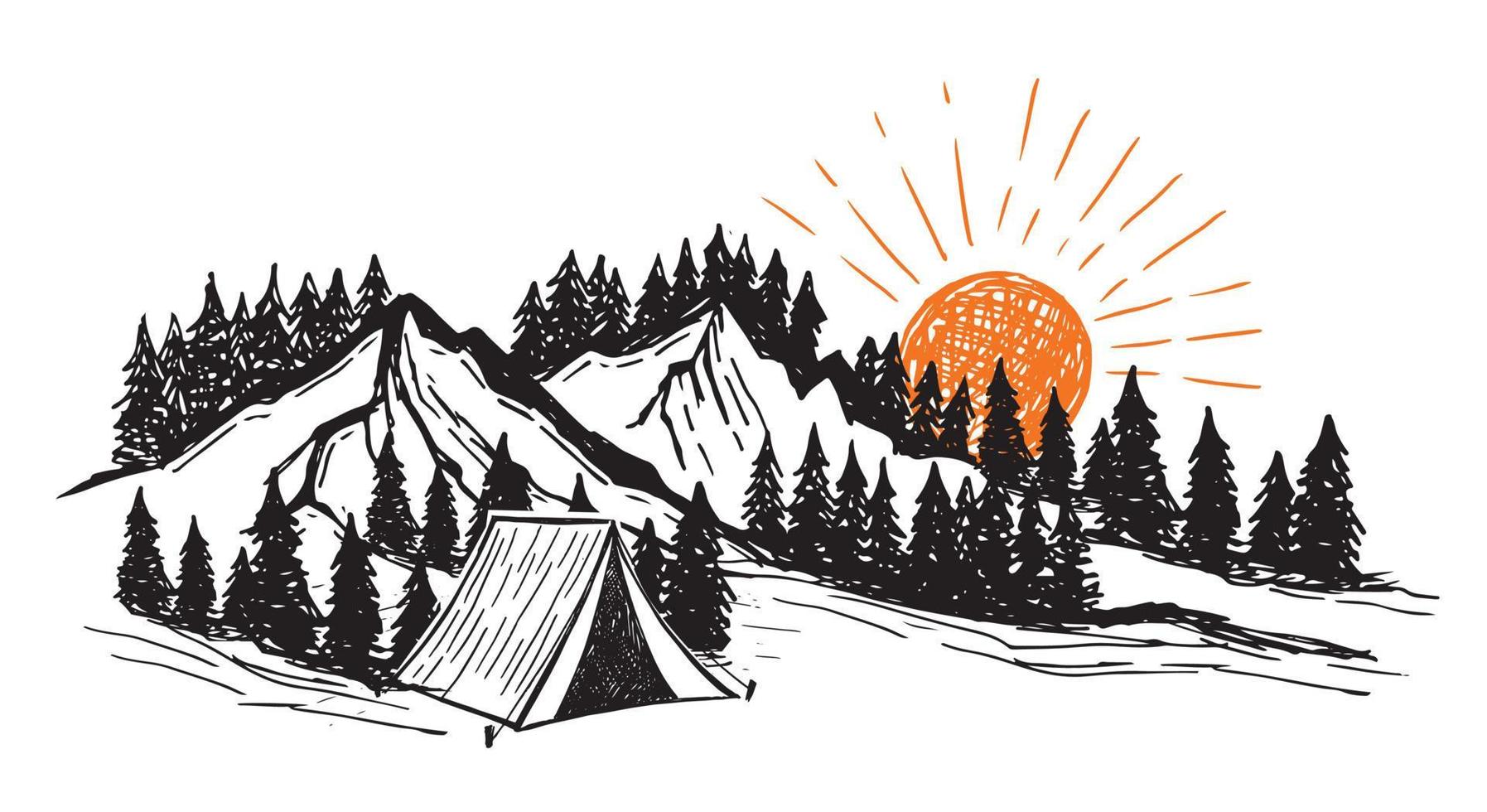 skiss camping i naturuppsättning, bergslandskap, vektorillustrationer. vektor