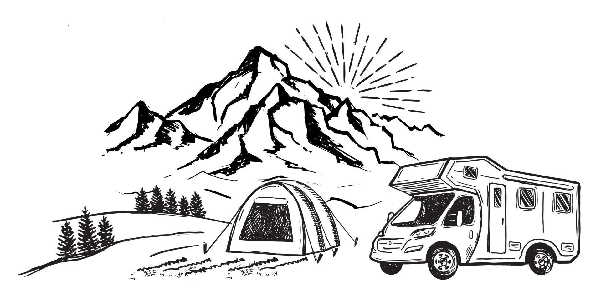 camping i naturen, husbil, bergslandskap, handritad stil, vektorillustrationer. vektor