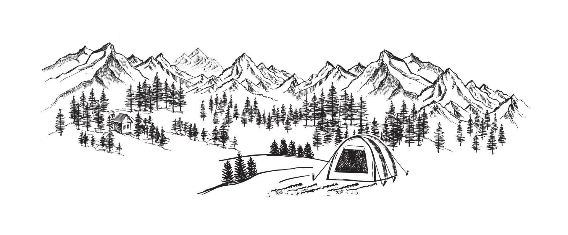 Camping in der Natur, Berglandschaft, Skizzenstil, Vektorgrafiken. vektor