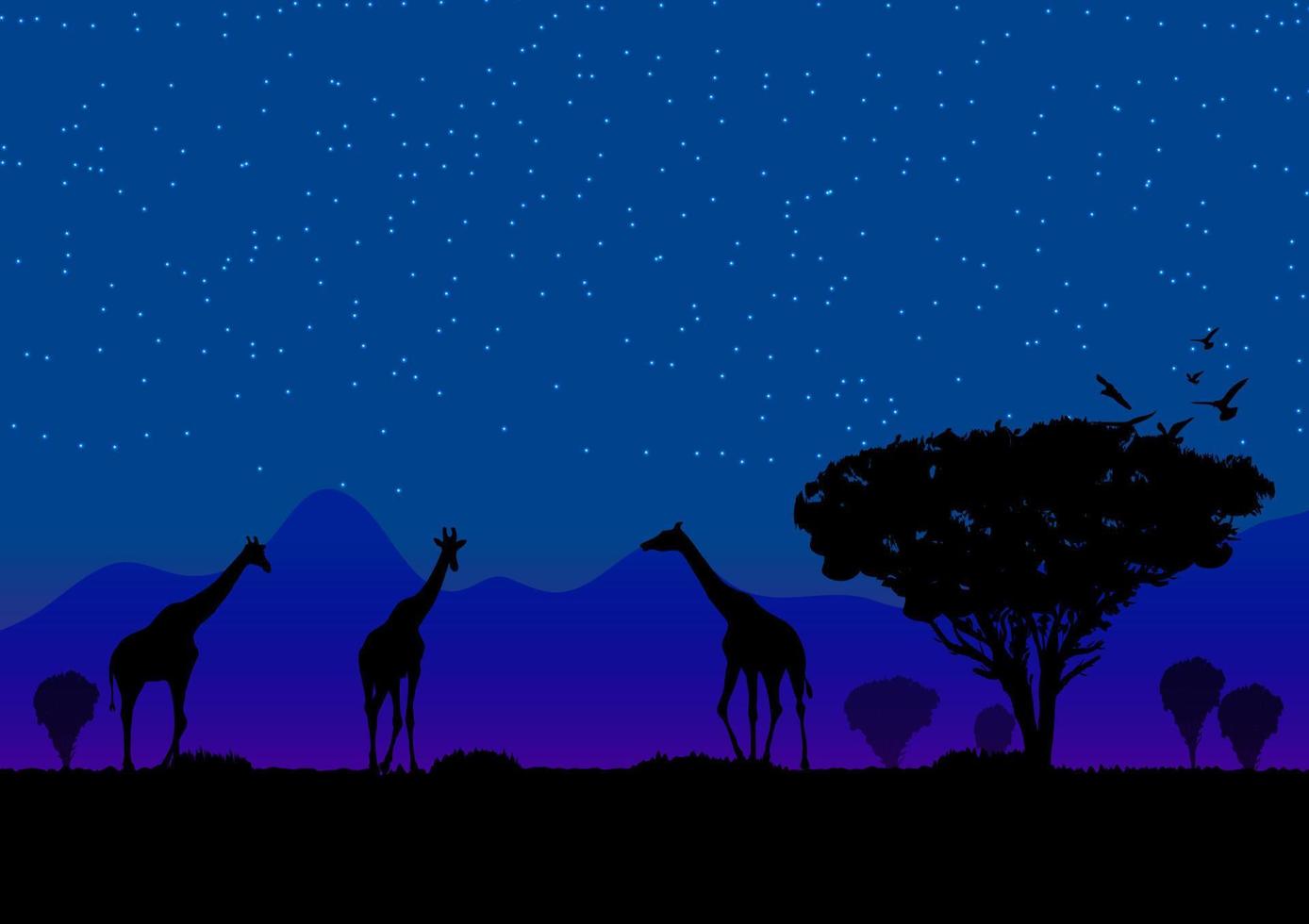 giraff stan på gräset i skogen med månen bakgrund på natten grafisk design vektorillustration vektor