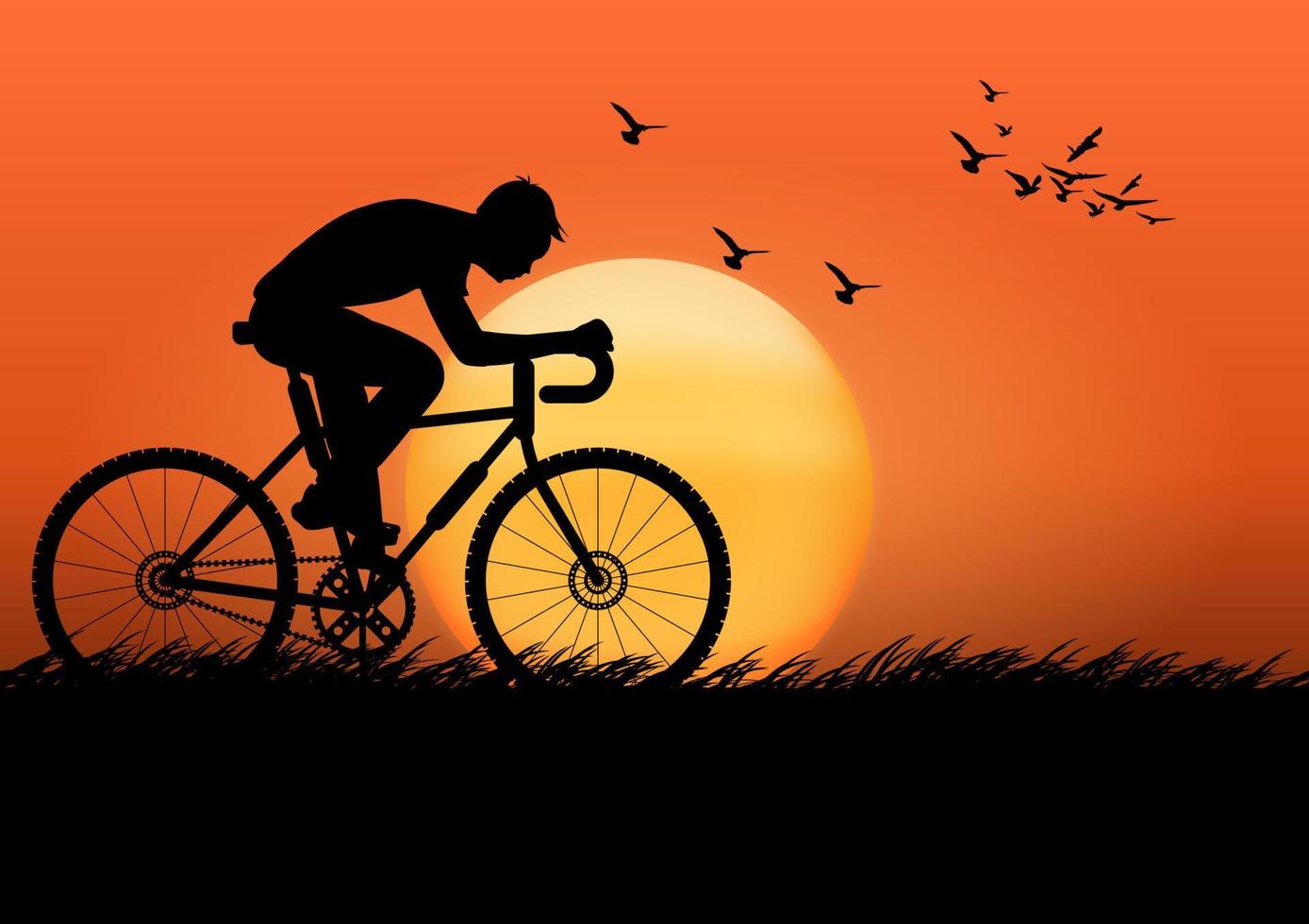 Grafikbild Mann, der abends Fahrrad fährt, mit einem Sonnenuntergangshintergrund und einer orangefarbenen Silhouette des Sonnenuntergangs mit dunklem Gras auf der Bodenvektorillustration vektor