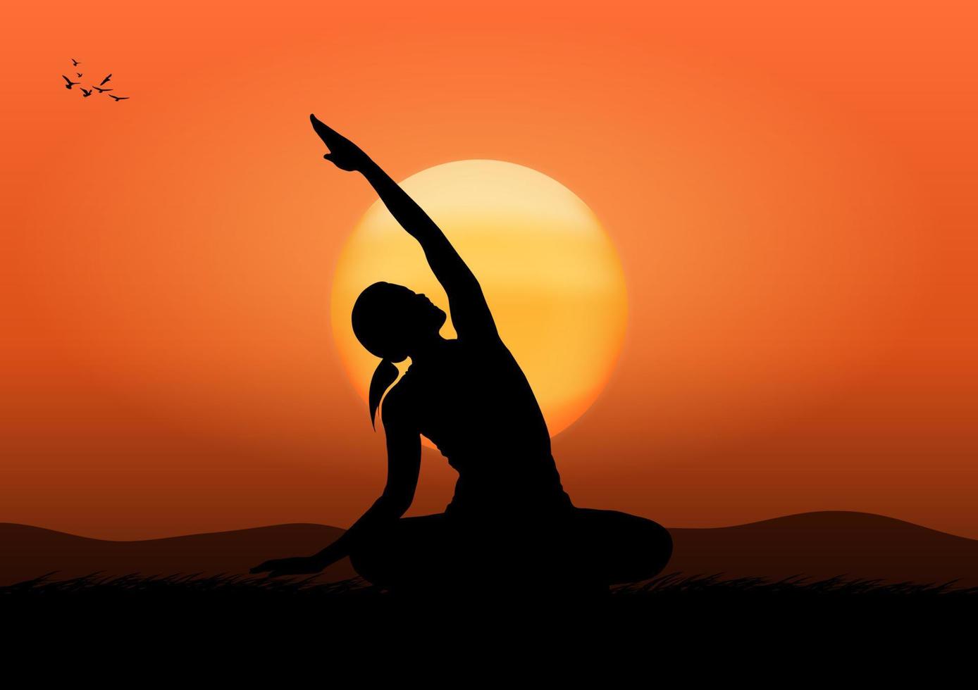 Grafikbild Zeichnung Yoga Frau mit Sonnenaufgang und Berglandschaft Hintergrundkonzept Übung für gesundheitliche Vorteile am Morgen vektor