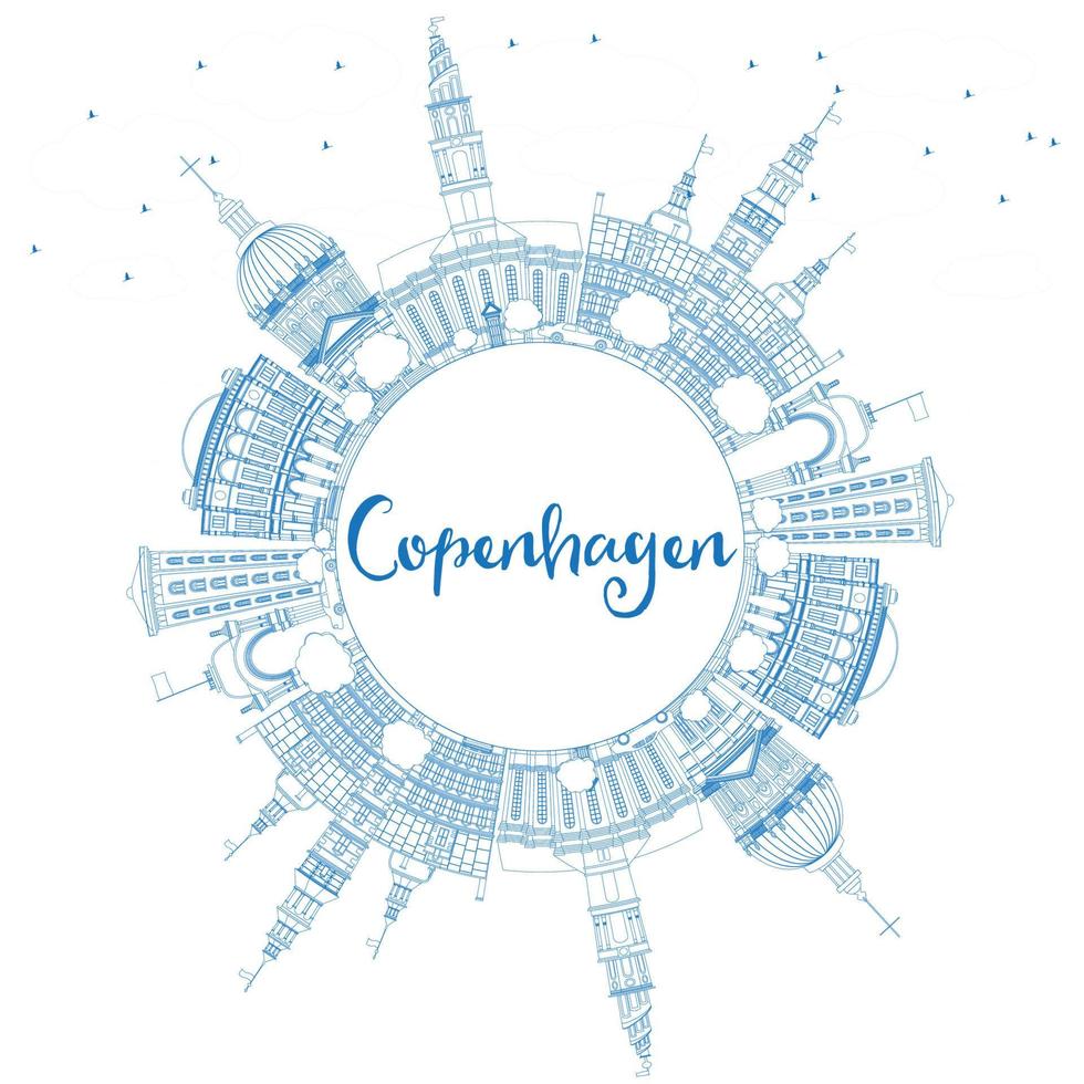skissera Köpenhamns skyline med blå landmärken och kopieringsutrymme. vektor