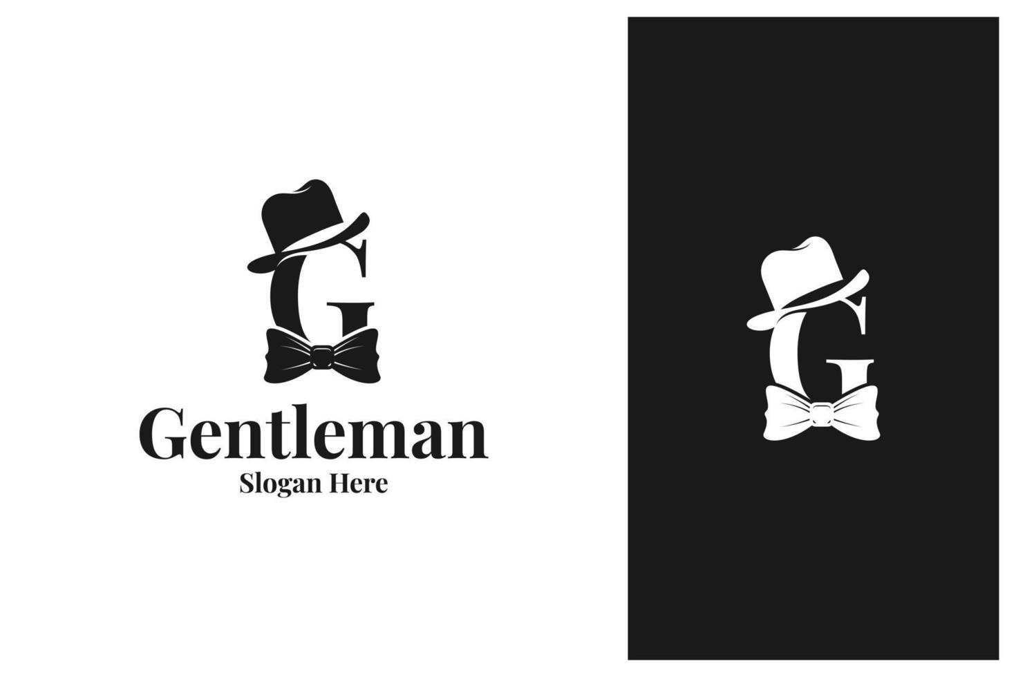 bokstaven g gentleman logotyp design med snygg hatt och fluga vektor