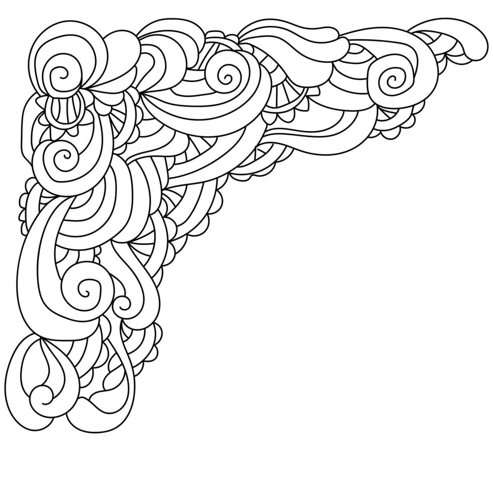 Doodle-Zen-Ecke mit Locken und gewellten Motiven, Umrissrahmen-Malbuchseite mit kunstvollen Mustern vektor