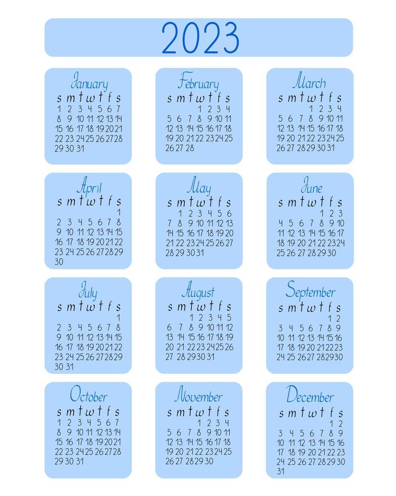 kalendermall för år 2023 i enkel minimalistisk stil, abstrakt färgglad bakgrund lösa formlösa former, veckan börjar på söndag, vektor utskrivbar sida