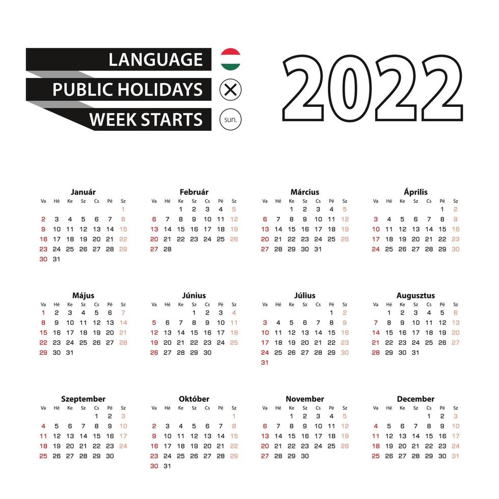 Kalender 2022 in ungarischer Sprache, Woche beginnt am Sonntag. vektor