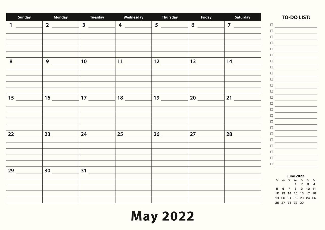 maj 2022 månadskalender för skrivbordsunderlägg. vektor