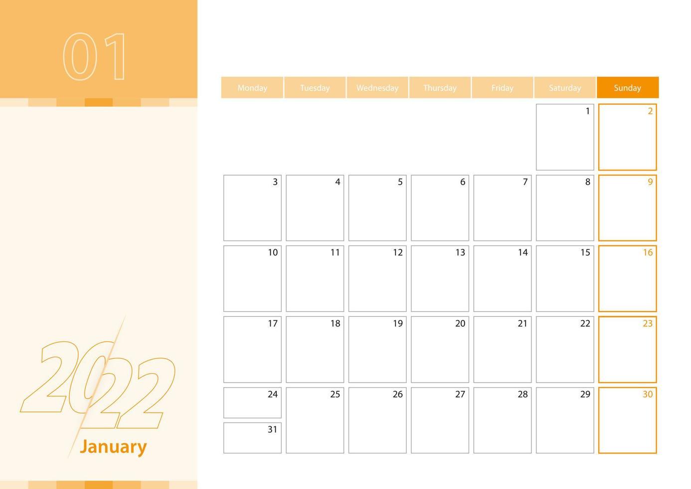 horisontell planerare för januari 2022 i orange färgschema. veckan börjar på måndag. en väggkalender i minimalistisk stil. vektor