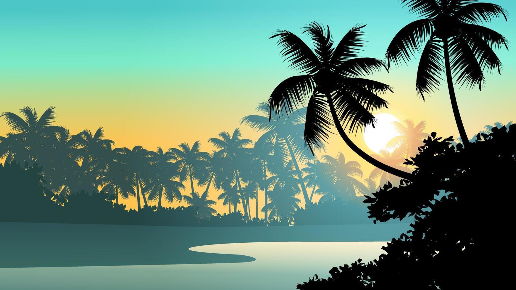 tropisk skog solnedgång natur bakgrund med kokospalmer vektor