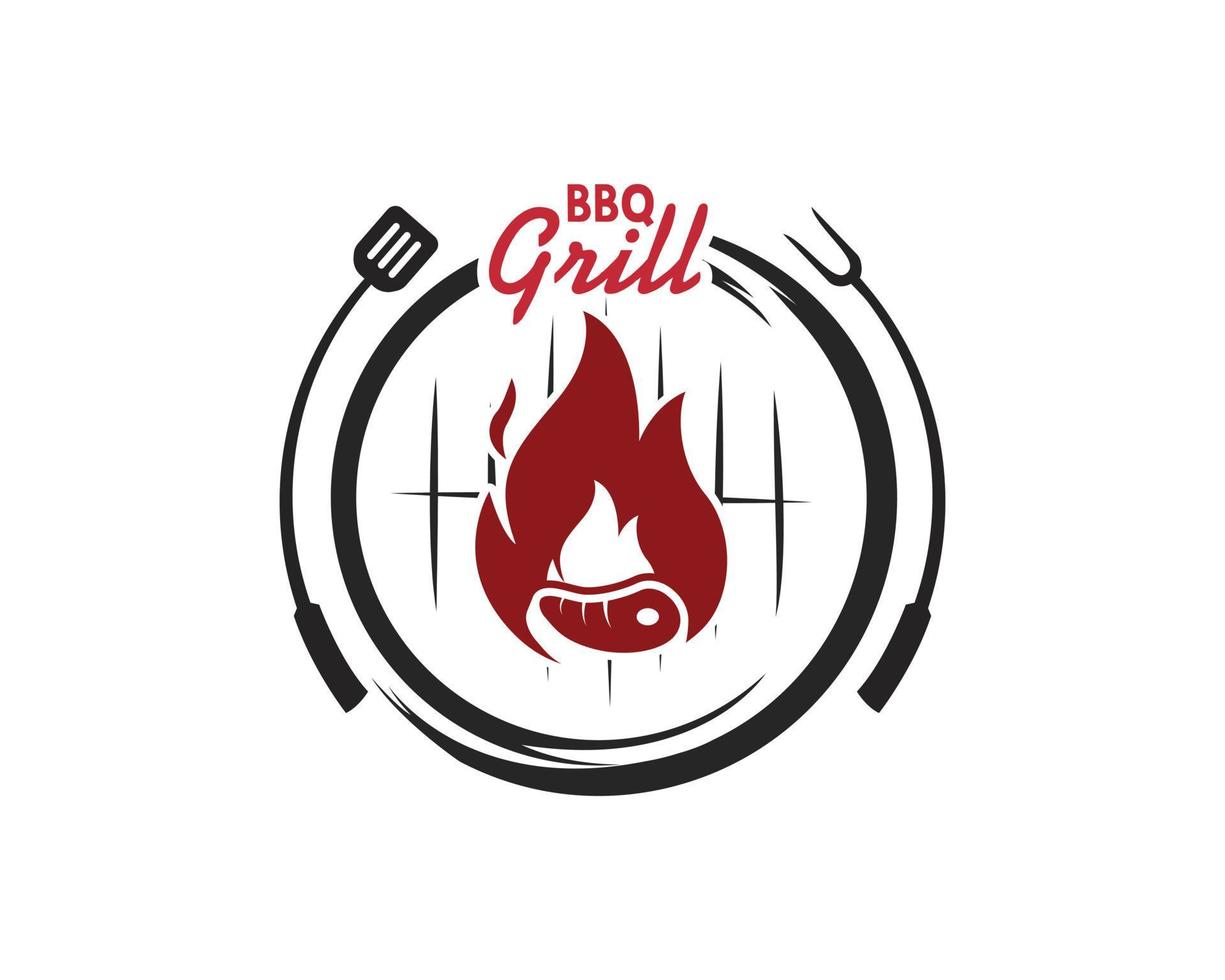 grillrestaurang - logotyp för grill, grill och bar med eld, grillgaffel och spatel. bbq logotyp mall. vektor illustration