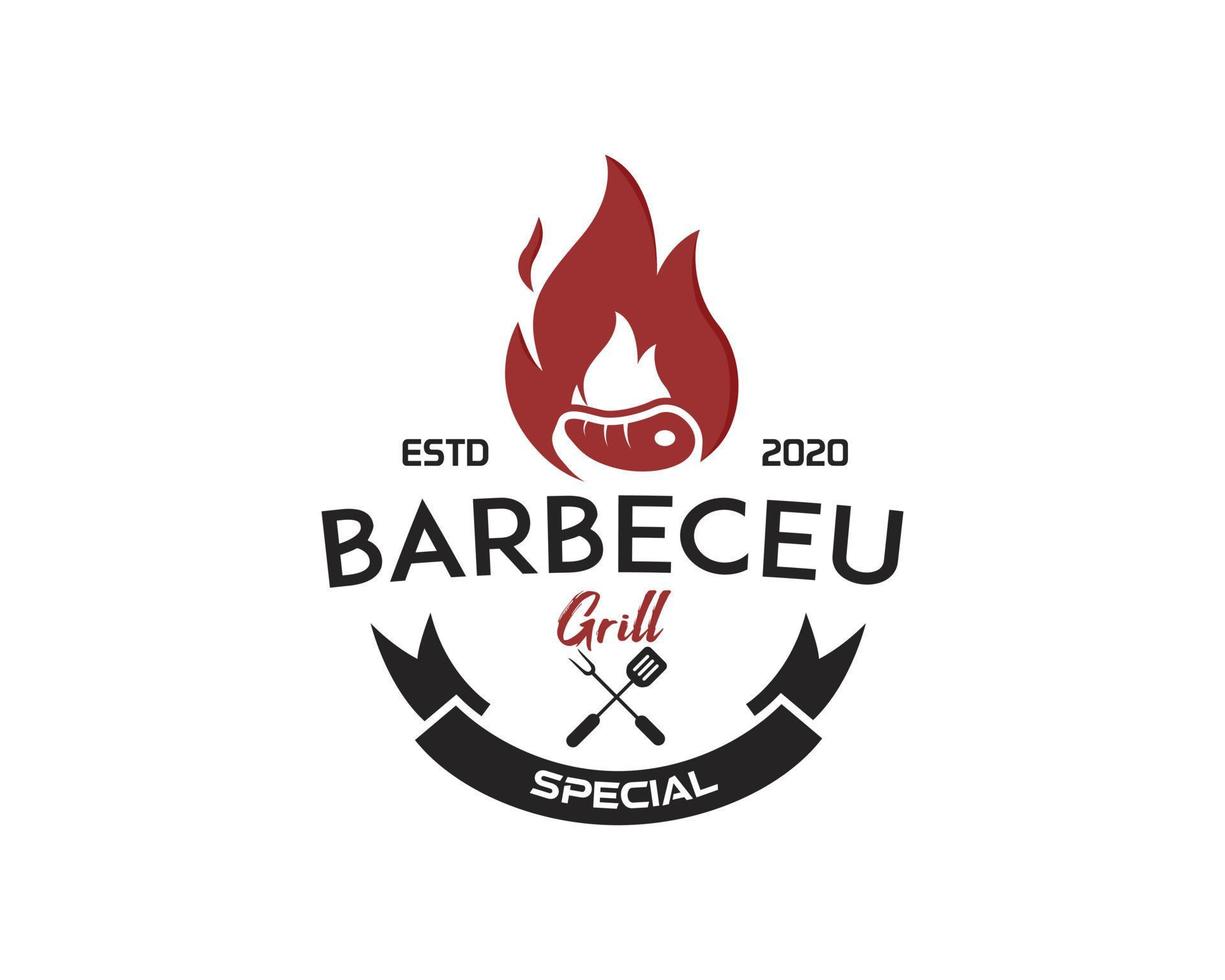 Grillrestaurant - Logo-Ikone von Grill, Grill und Bar mit Feuer, Grillgabel und Spachtel. BBQ-Logo-Vorlage. Vektor-Illustration vektor