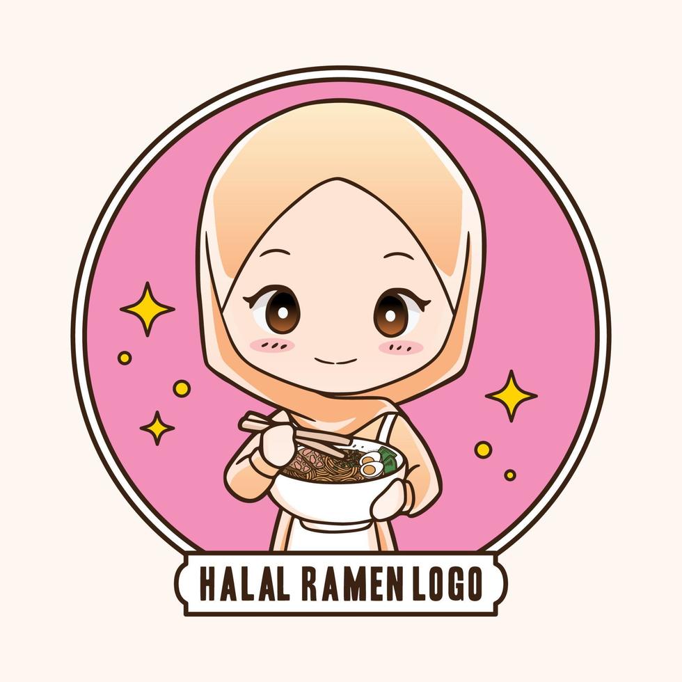 nettes moslemisches mädchen essen halal ramen nudeln essen hand gezeichnete karikaturkunstillustration. Maskottchen-Logo-Vektorstil vektor