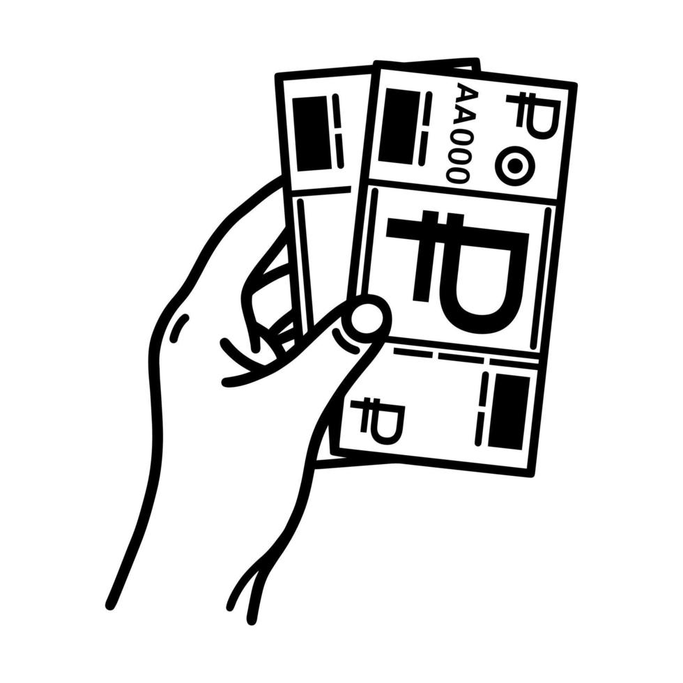 hand, die banknoten-vektorikone hält. finanzoperationsskizze - kaufen, verkaufen, kredit. menschliche Hand mit Rubelscheinen, russische Bankkarte. bargeld, währungssymbol, zahlungszeichen. Abbildung isoliert auf weiß vektor