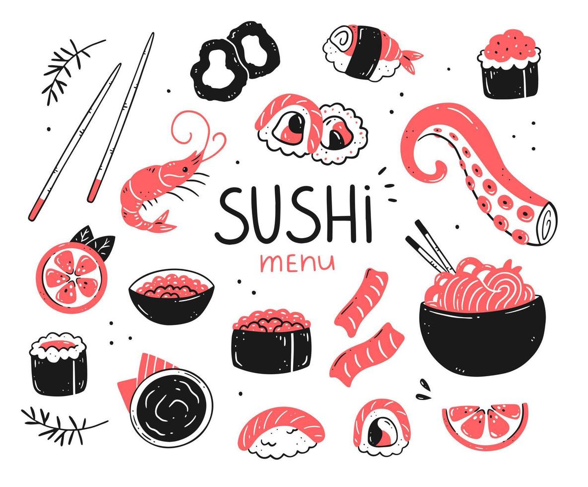 set med sushi och rullar i doodle stil. japansk mat. samling av föremål. vektor isolerad mat illustration.