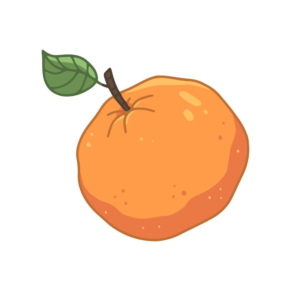 eine orange mit blatt im cartoon-stil. vektor lokalisierte obstlebensmittelillustration.