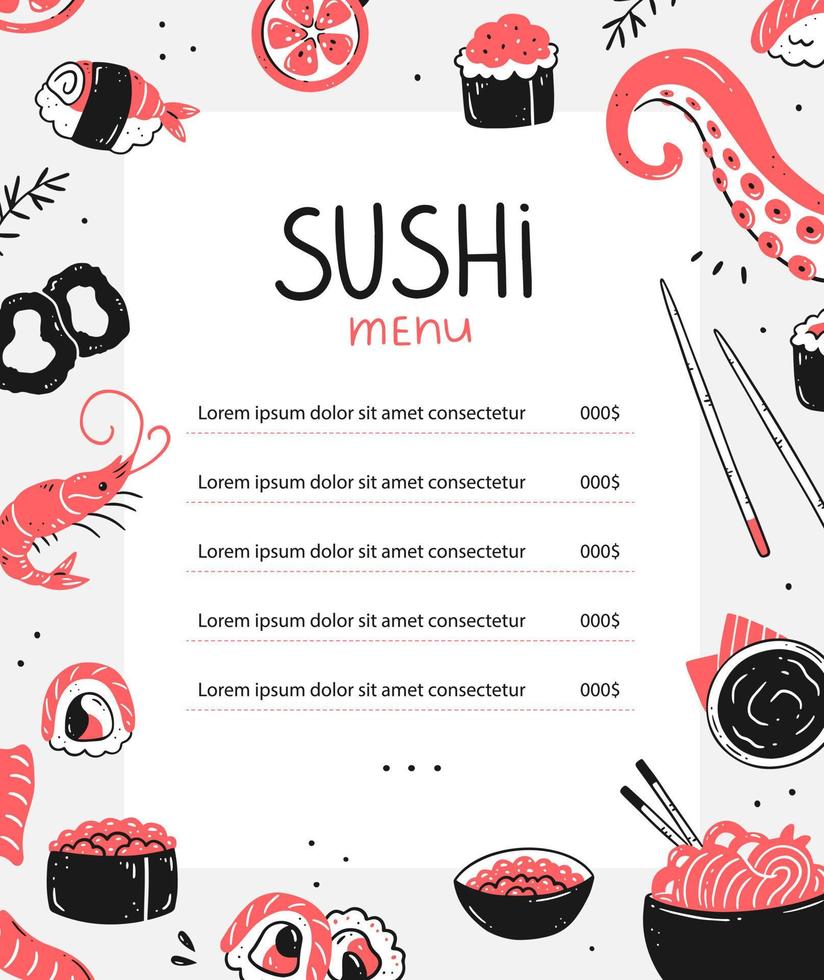 sushi och japansk matmenydesign med matelement. menymall för asiatisk mat. vektor illustration.