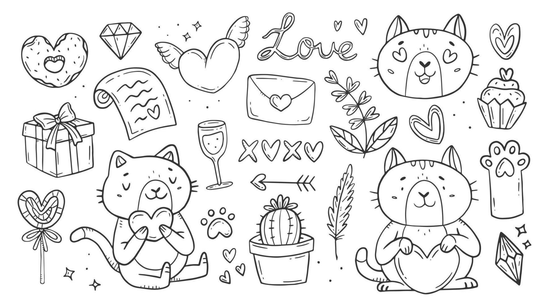 hand gezeichneter liebesgekritzelsatz. Sammlung von Liebeselementen. Katzen mit Herz. Valentinstag. vektor isolierte liebesillustration.