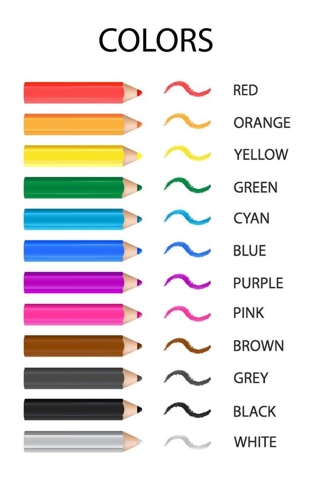 affisch med 12 flerfärgade träpennor och streck. namn på färger. utbildningsmaterial. vektor illustration.