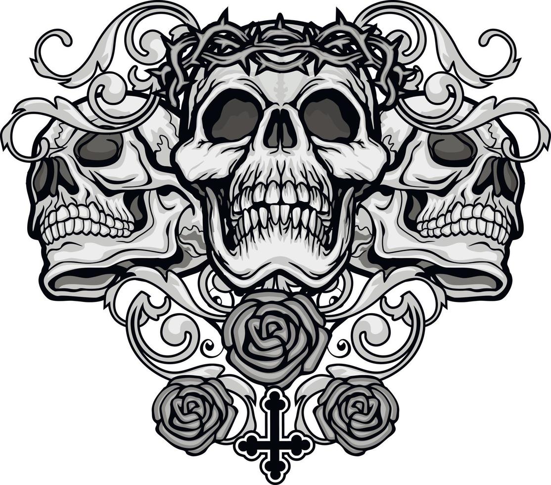 gotisches Schild mit Totenkopf und Blumen, Grunge-Vintage-Design-T-Shirts vektor