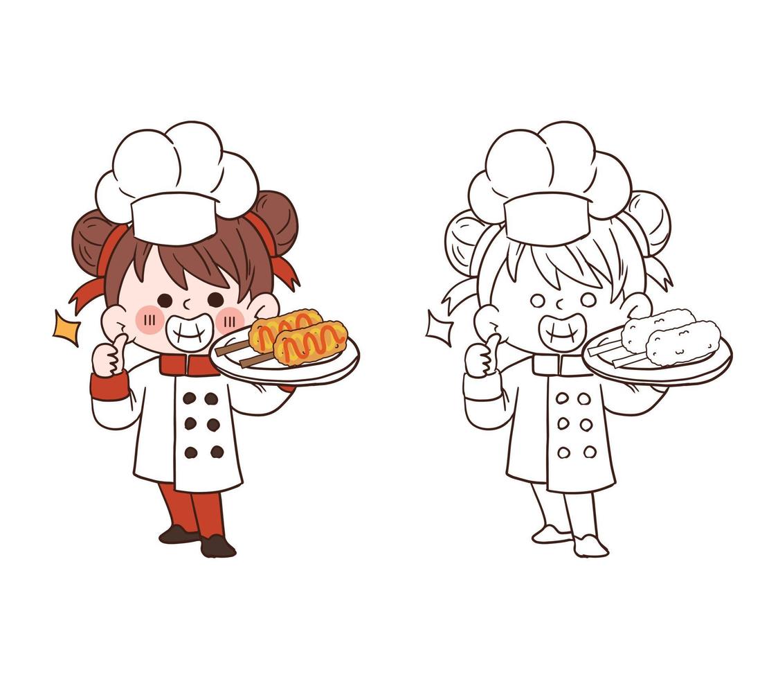 söt ung kock flicka ler och håller en corndog.cartoon vektor konst illustration