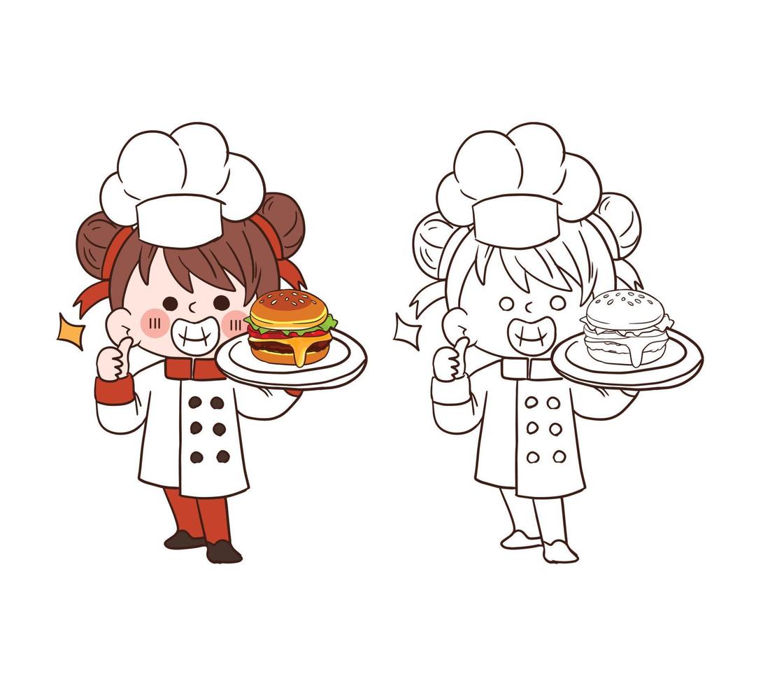 söt ung kock flicka ler och håller en skål med ost burger. cartoon vektor konst illustration