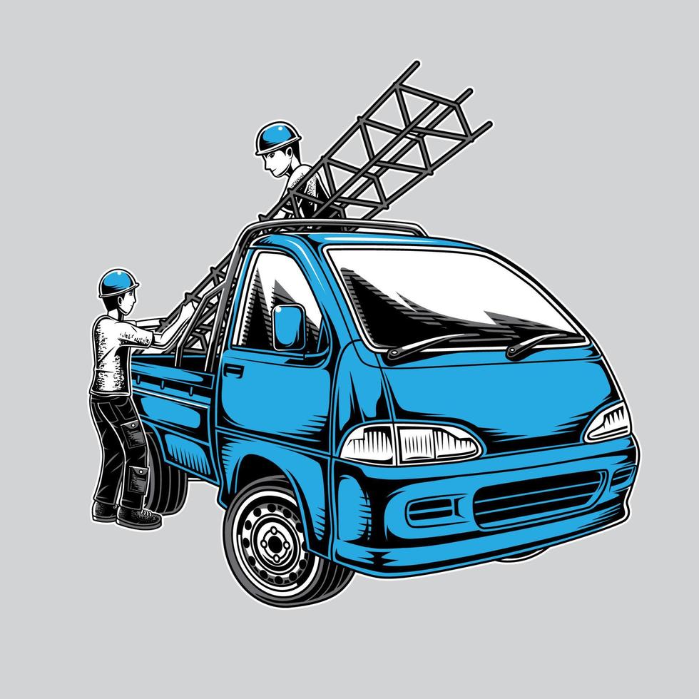 illustration av en mini pickup och en byggnad ramarbetare vektor