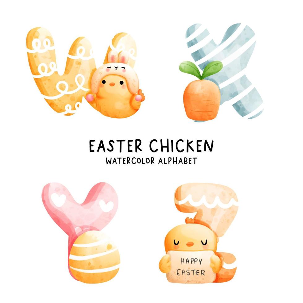 påsk kyckling, akvarell alfabetet. vektor illustration