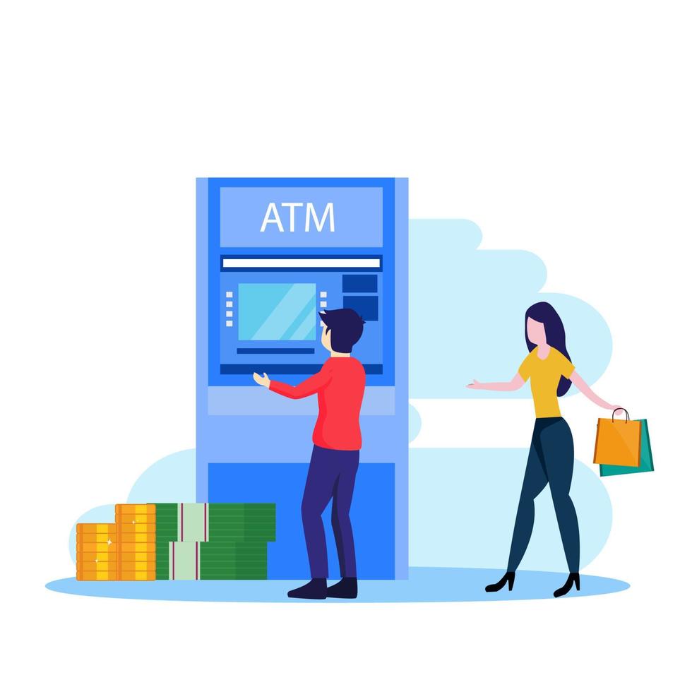 vektorillustration des modernen geschäftskonzeptstils. der charakter der person macht geldabhebungen an atms, bargeldabhebungen an atms. flacher Vektorvorlagenstil, geeignet für Web-Landing-Page. vektor