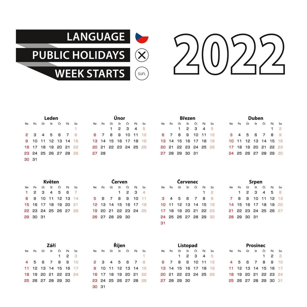 Kalender 2022 in tschechischer Sprache, Woche beginnt am Sonntag. vektor