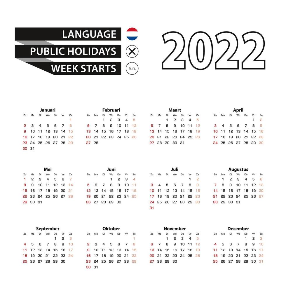 Kalender 2022 in niederländischer Sprache, Woche beginnt am Sonntag. vektor