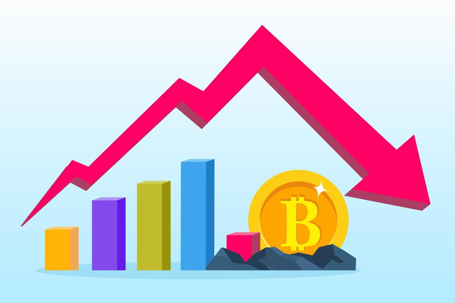 det fallna priset bitcoin flyger ner på röd pil. bankrutt bitcoin. illustration platt vektor mall