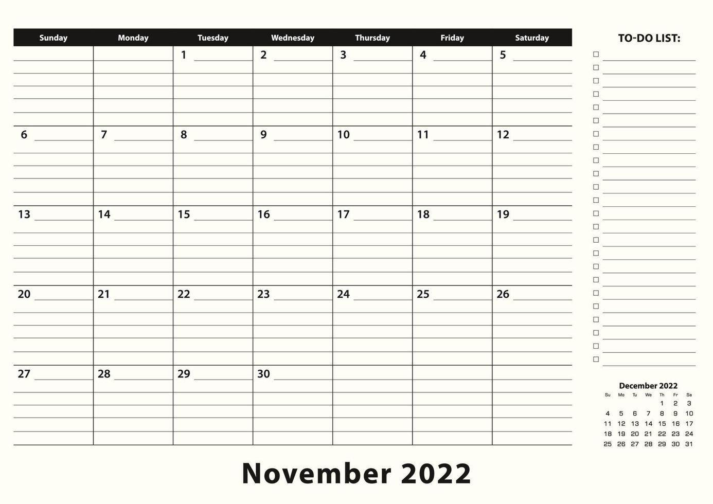 november 2022 månadskalender för skrivbordsunderlägg för företag. vektor