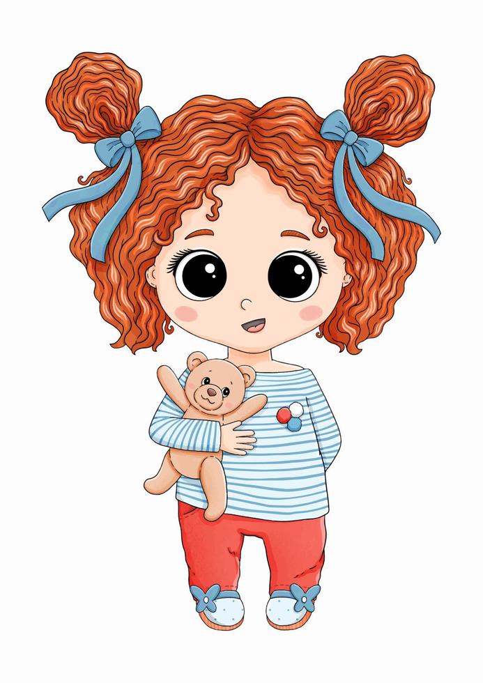 rote Haare kleines Mädchen mit Teddybär-Vektor-Illustration vektor