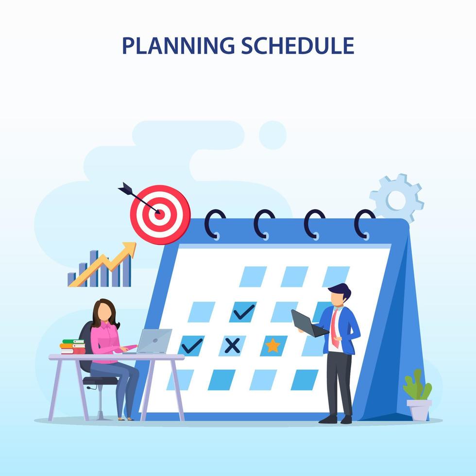 planeringsplaneringskoncept, personer som fyller i schemat på en jättekalender, arbetsplanering, pågående arbete. platt vektormallstil lämplig för webbmålsidor. vektor