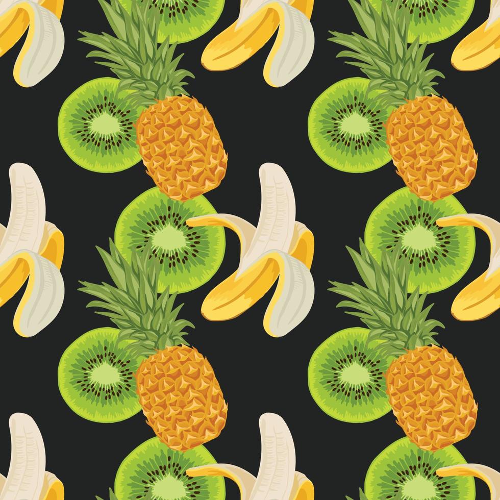 banan ananas och kiwi seamless design på svart bakgrund vektor