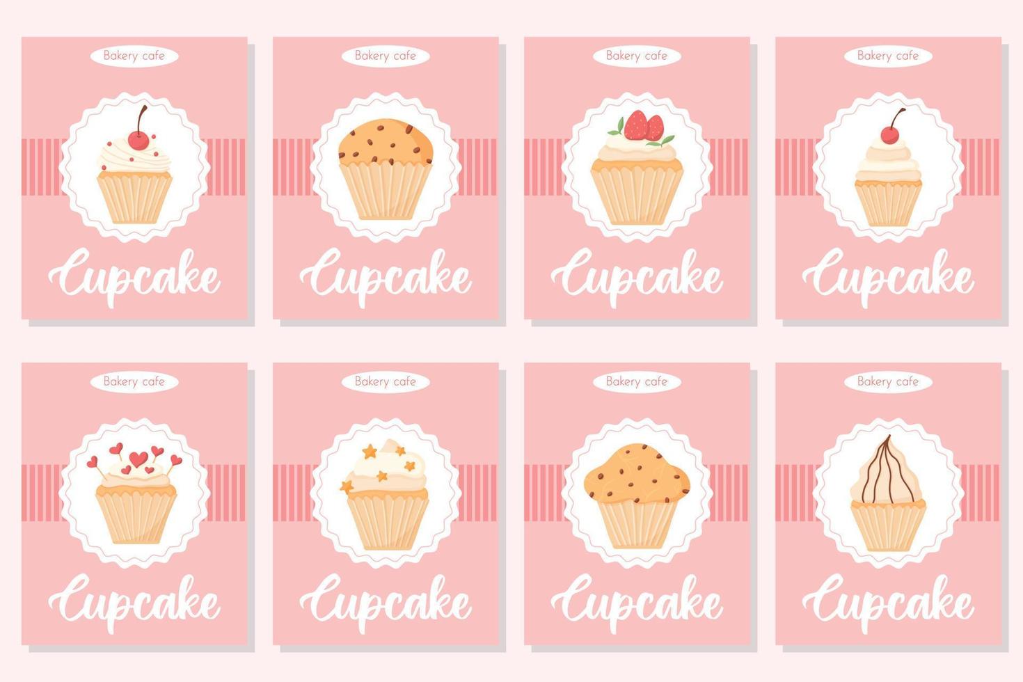 Bäckerei-Flyer-Set. sammlung von postern mit cupcakes und muffins. Vektor-Illustration. Banner mit Cupcakes mit Sahne, Kirschen, Erdbeeren und Schokolade. vektor