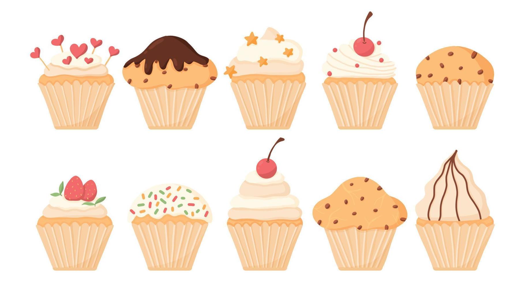 uppsättning cupcakes .en vacker samling muffins med körsbär, jordgubbar, grädde. choklad. vektor illustration.