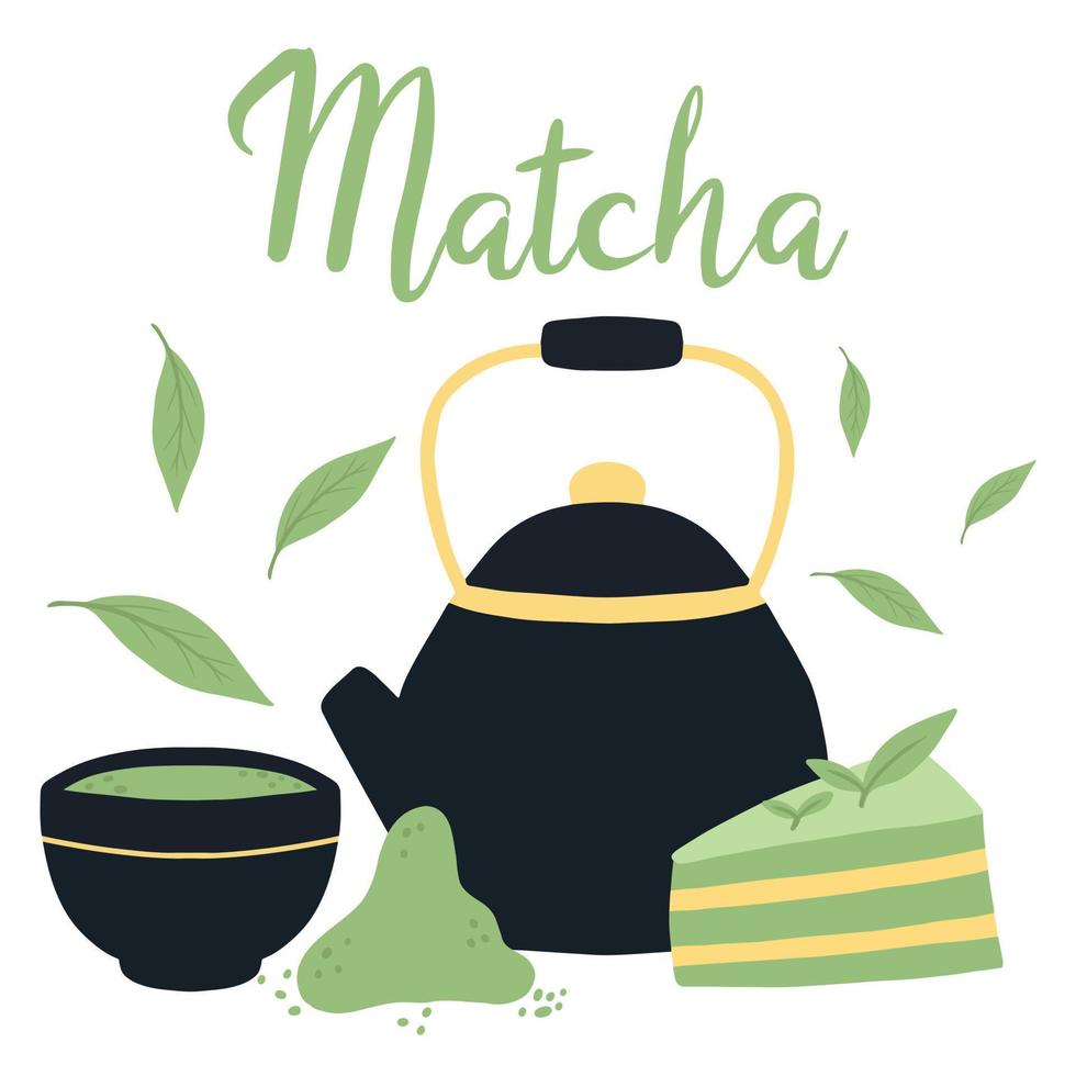 Poster mit Matcha-Tee. Teekanne mit Becher und grünem Tee. Vektor-Illustration. vektor