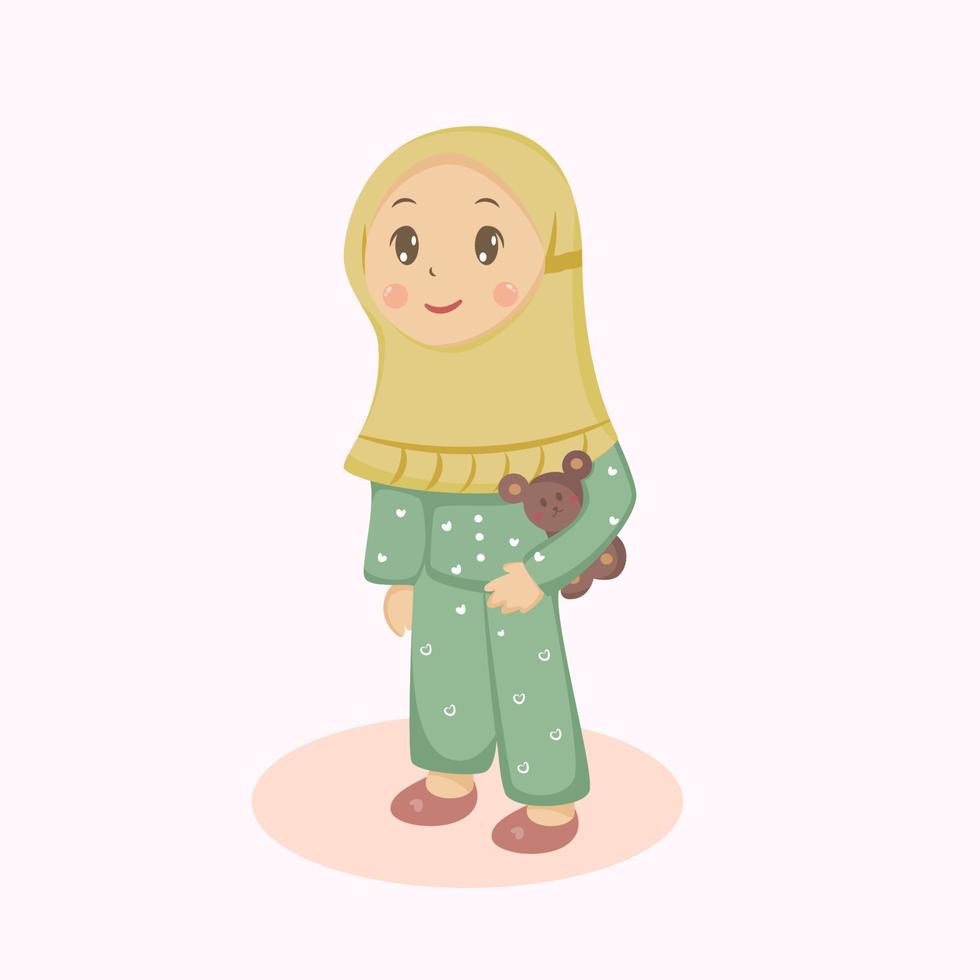 söt liten hijab flicka kram nallebjörn tecknad illustration vektor