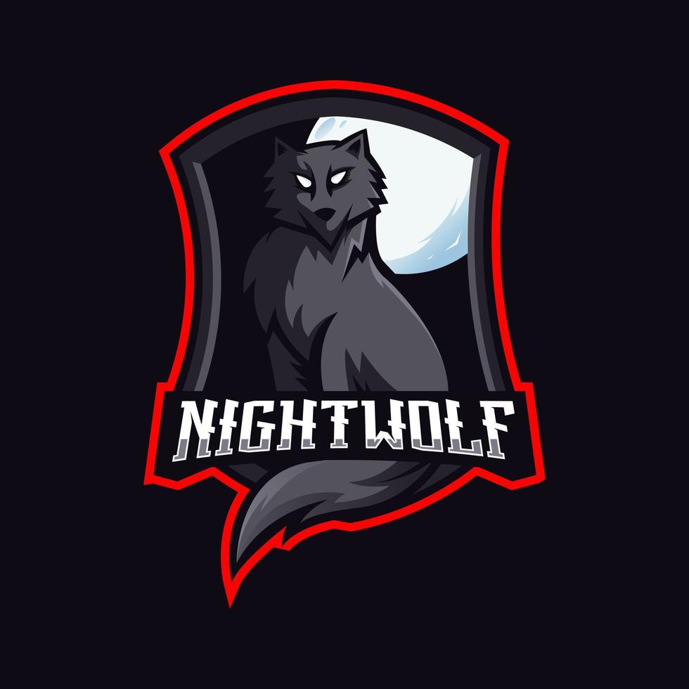 Nachtwolf-Maskottchen-Logo-Designvektor mit modernem Illustrationskonzeptstil für Abzeichen-, Emblem- und T-Shirt-Druck. Wolf und Mond in einem Rahmen für E-Sport-Team vektor