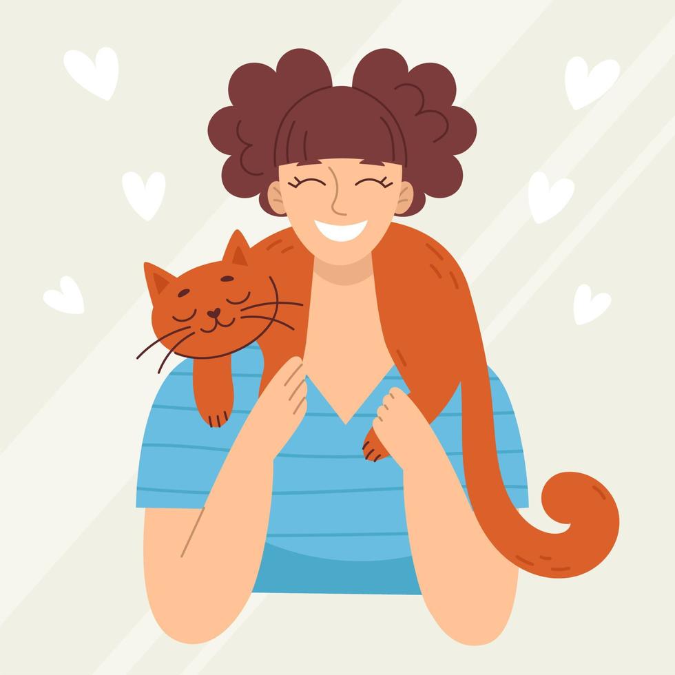 leende ung kvinna med en katt, husdjur. kärlek och vänskap med djur. veterinärklinik. vektor illustration i tecknad stil