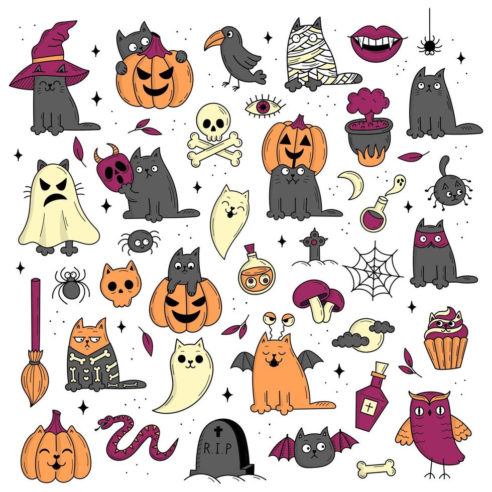 satz von elementen für halloween. mystische gruselige objekte. Katzen, Kürbisse, Geister, Trank. Gekritzelartillustration vektor