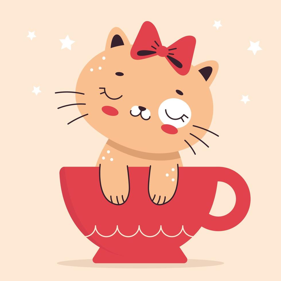en söt liten katt med rosett sitter i en kopp. illustration i tecknad platt stil. husdjur, kattunge. vektorillustration för barnkammare, tryck på textilier, kort, kläder. vektor