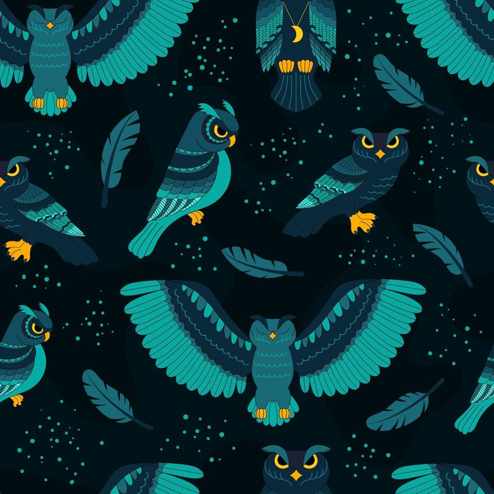 sömlösa mönster med blått med blå ugglor, vilda fåglar. tryck för textilier och förpackningar. tecknad vektorillustration. vektor