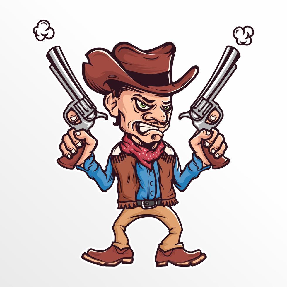 tecknad cowboy med en pistol vektorillustration, designelement för logotyp, affisch, kort, banderoll, emblem, t-shirt. vektor illustration