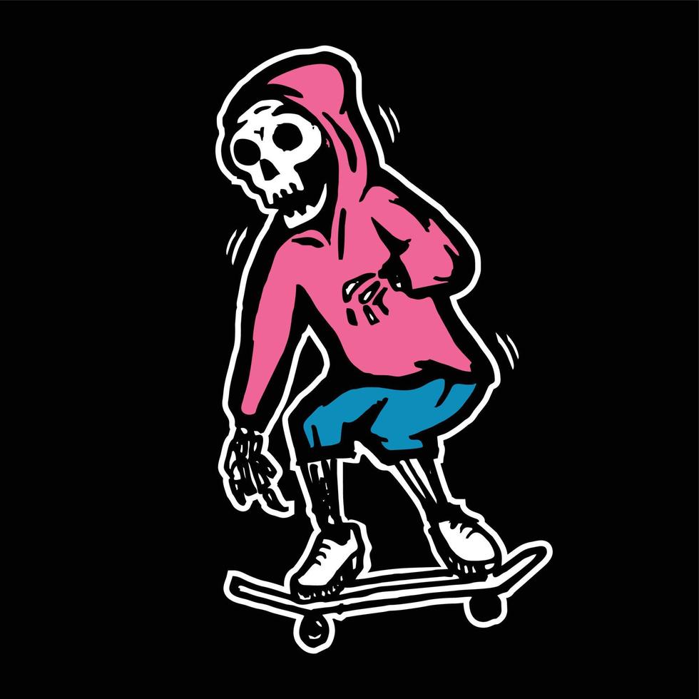 tecknad skalle skateboard isolerad på en svart bakgrund, designelement för logotyp, affisch, kort, banner, emblem, t-shirt. vektor illustration