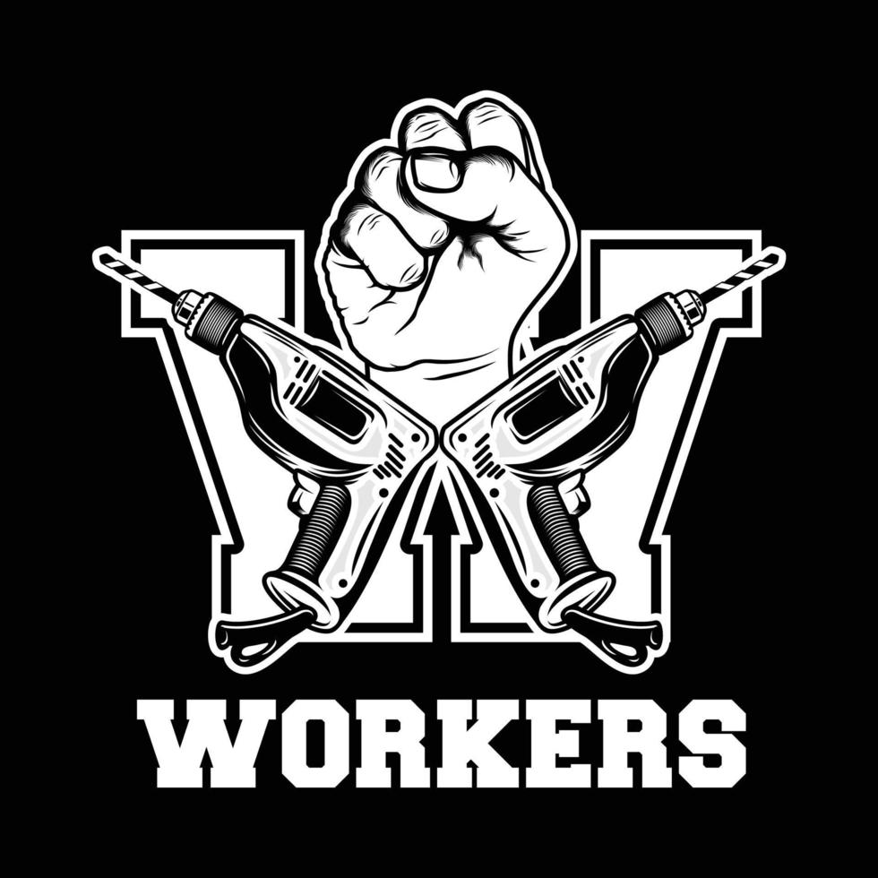 retro-logo der arbeiter mit hand, bohrbuchstabe w, arbeitstag, schwarzer hintergrund, gestaltungselement für logo, poster, karte, banner, emblem, t-shirt. Vektor-Illustration vektor