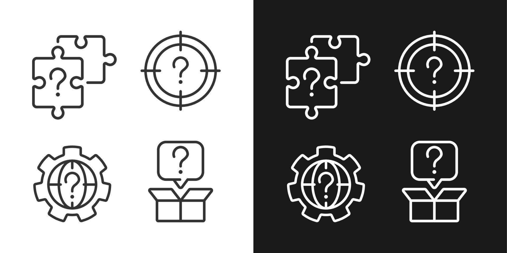 suche nach neuen problemlösungen lineare symbole für den dunklen, hellen modus. Verwendung von Fragezeichen. alternative Antworten. dünne liniensymbole für nacht, tag thema. isolierte Illustrationen. editierbarer Strich vektor